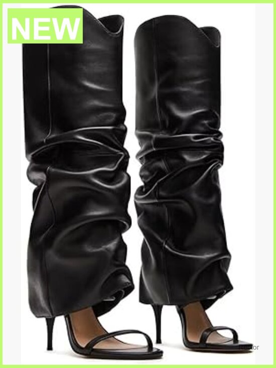 Shoes - Slouchy Knee High Boots Stiletto Heeled Sandals Open Toe Pull On Fashion Tall